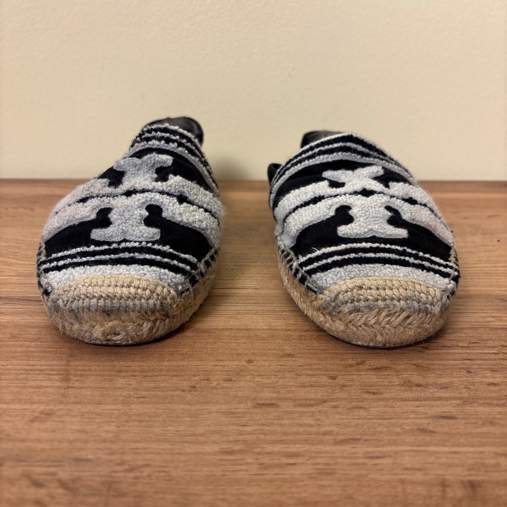 TORY BURCH Womens Double T Espadrille Flats Size 8.5 Black‎ White Stripe Casual - Picture 7 of 11